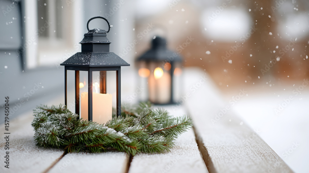 Fototapeta premium Cozy winter scene with flickering lanterns and snowy porch wreath for holiday decor inspiration