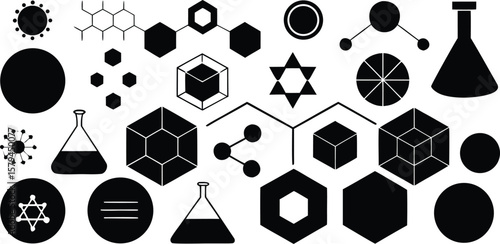 Vector art of a collection of black scientific and geometric icons and symbols on a white background.