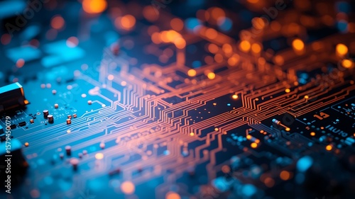 Intricate glowing orange circuitry on a dark blue motherboard with soft bokeh highlights creating a futuristic digital landscape