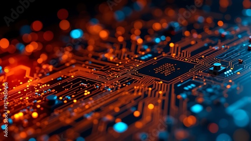 Intricate circuit board pathways glow with vibrant orange and electric blue lights creating a futuristic technological abstract background