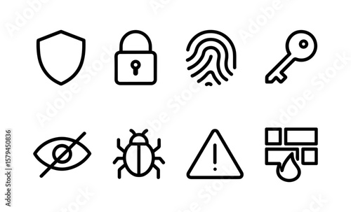 Cyber security icons: lock, key, and shield in linear style for secure connections
