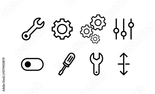 Set of linear tools and settings icons for maintenance and configuration