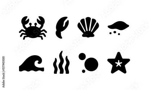 Marine life glyph set featuring sea creatures and ocean elements