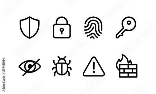 Cybersecurity icons: shield, lock, fingerprint, key, and more in linear design