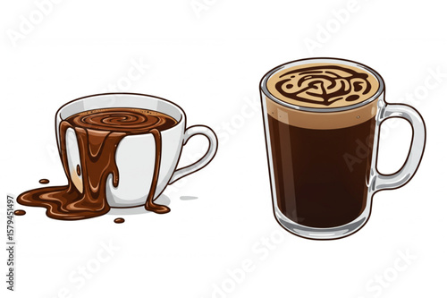Two cups with beverages depict a hot chocolate overflowing and a latte with decorative coffee art foam perfect for menus