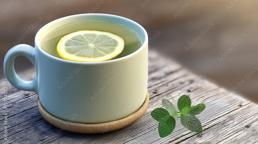 Steaming teacup with lemon slice and mint leaf on wooden table Steaming teacup with lemon slice and mint leaf on wooden table