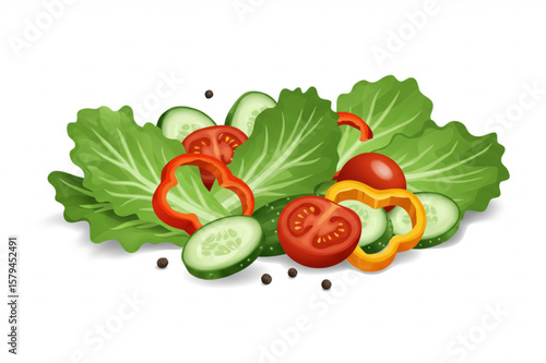 Fresh salad graphic features lettuce, cucumbers, tomatoes, and peppers, suitable for healthy food promotions or menu designs.