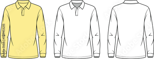 Cad Drawing Flat Vector Illustration, Long Sleeve Polo Shirt Fashion Template, Technical Apparel Sketch, Clothing Design Blueprint, Front and Back View