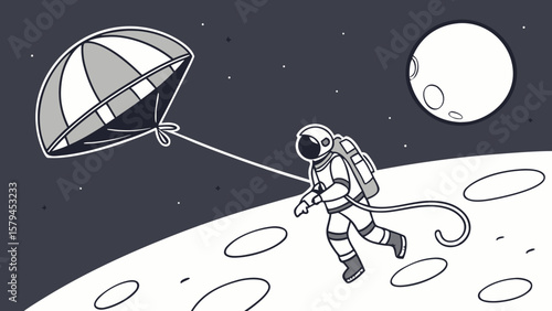 Astronaut moon landing with parachute vector illustration space exploration and travel graphic design