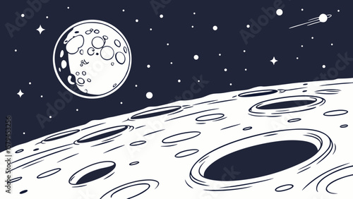Moon surface illustration with craters stars and comet perfect for space exploration themed designs