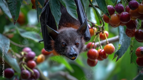 A bat hanging upside down from a tree branch filled with ripe cherries