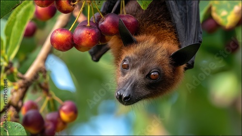 Close-up of a bat in a tree eating fruit