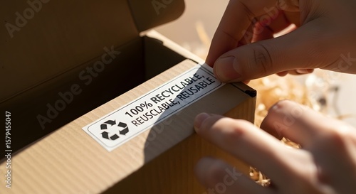 Labeling a cardboard box with a recyclable sticker, emphasizing sustainable packaging and eco-friendly shipping for a conscious consumer experience.