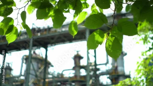 Green leaves framing industrial structures