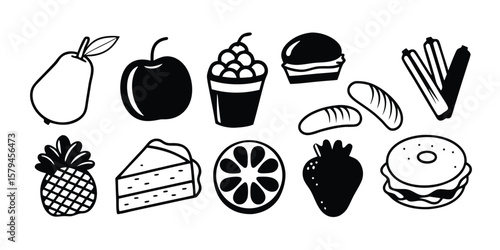 Collection of 12 Food Silhouettes in Solid Black Fill Featuring Various Culinary Items and Dishes Perfect for Menu Design on Transparent Background