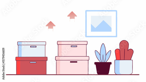Vector illustration of decorative storage boxes with plants and a framed picture, emphasizing home organization and aesthetics