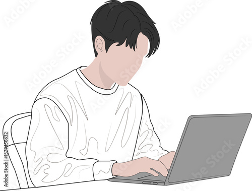 A minimalist vector illustration depicting a young man deeply engrossed in his work on a laptop, set in a peaceful home or office environment.