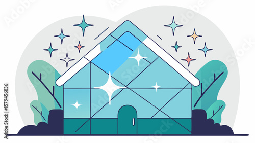 Vector illustration of a sparkling clean house surrounded by trees, highlighting home hygiene and maintenance