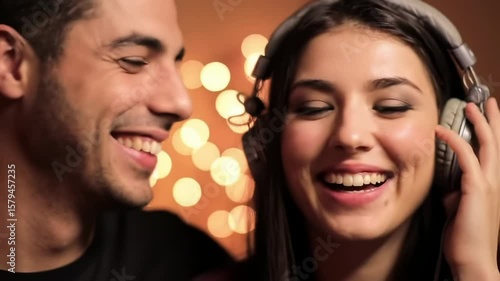 Happy couple listening to music