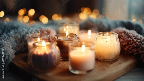 Cozy candle glass flame warm light wooden tray soft fabric glowing ambiance relaxing atmosphere flicker wax burning intimate soft light ambient glow scent aroma comfort home interior evening closeup