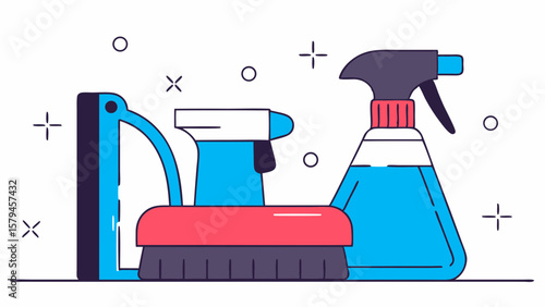 Vector graphics of cleaning tools including brush, spray cleaner and glass scraper for effective house cleaning