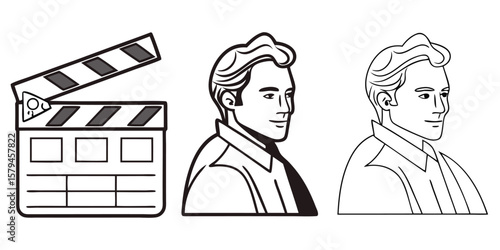 Clapperboard and male portraits movie film