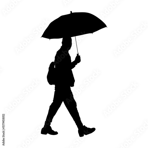 Silhouette of Person Walking with Umbrella and Backpack