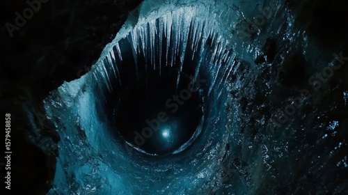 Deep icy cavern with a well-like opening