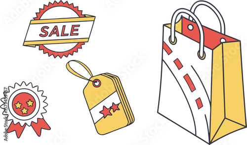 Woman running with shopping bags and coupons in a store with shelves full of merchandise items shown