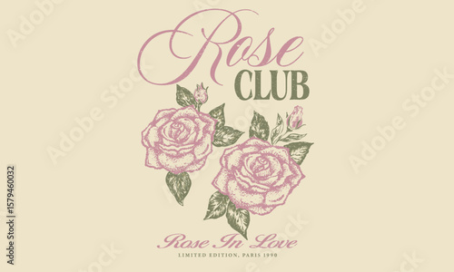 Rose tattoo design. Rose flower with heart. Rose club print design for apparel, stickers, posters and background. Vintage floral print vector artwork for t shirt and others.