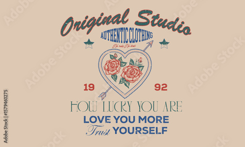 Rose tattoo design. Rose flower with heart. Vintage floral print vector artwork for t shirt and others. Rose club print design for apparel, stickers, posters and background. 