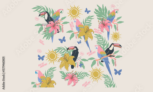 Tropical bird with flower pattern graphic print design. Tropical paradise. Macaw paradise artwork. Tropical vibes t shirt artwork. Summer vibes artwork. Toucan Pattern.