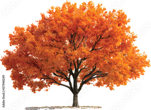 A vibrant maple tree with bright orange leaves, standing tall on a transparent background