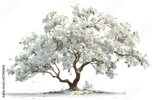 A white dogwood tree with white flowers on a transparent background