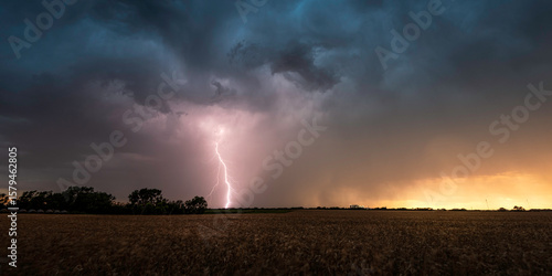 Φωτογραφία A lightning bolt illuminates the storm clouds during a fiery sunset in Kansas