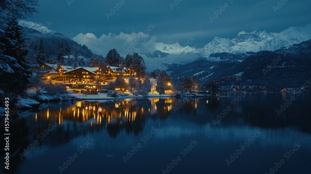 Fototapeta premium Serene winter village by a lake at dusk