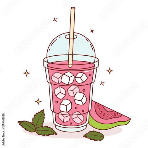 Pink Guava Drink with lots ice cubes in clear cup and tropical Fruit slices. Summer Refreshing Cocktail with straw and Mint. Vector Illustration blended smoothie for ads, promotion, marketing, banner