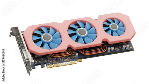 Modern gaming graphics card with three blue fans isolated on transparent background
