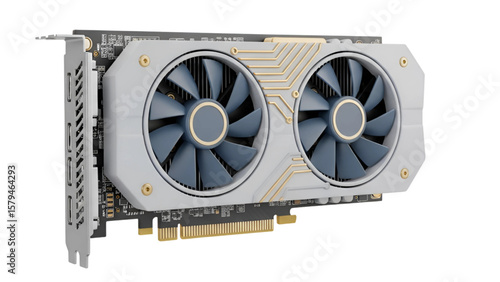 Modern computer graphics card with dual fans isolated on transparent background