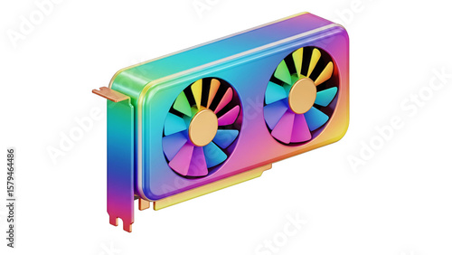 Modern gaming graphics card with rainbow color scheme isolated on transparent background