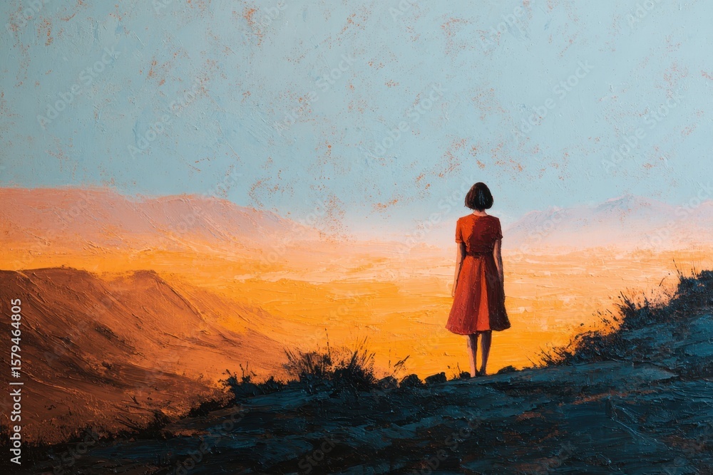 Obraz premium Artistic Representation of a Solitary Woman Gazing at Distant Land, Acrylic and Watercolor Illustration