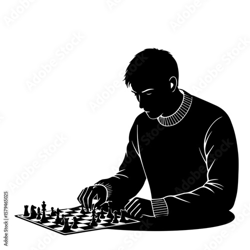 Man playing chess in focused pose indoors with a serious expression  
