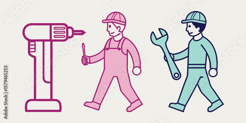 Workers with tools drill screwdriver
