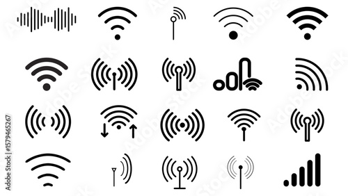 Wireless signal icons set includes wifi, antenna, radio, sound waves, perfect for tech design, communication network, audio visual vector illustration