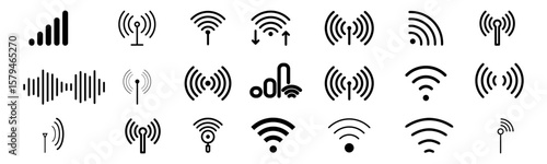 Wireless signal icons set includes wifi, antenna, radio, sound waves, perfect for tech design, communication network, audio visual vector illustration