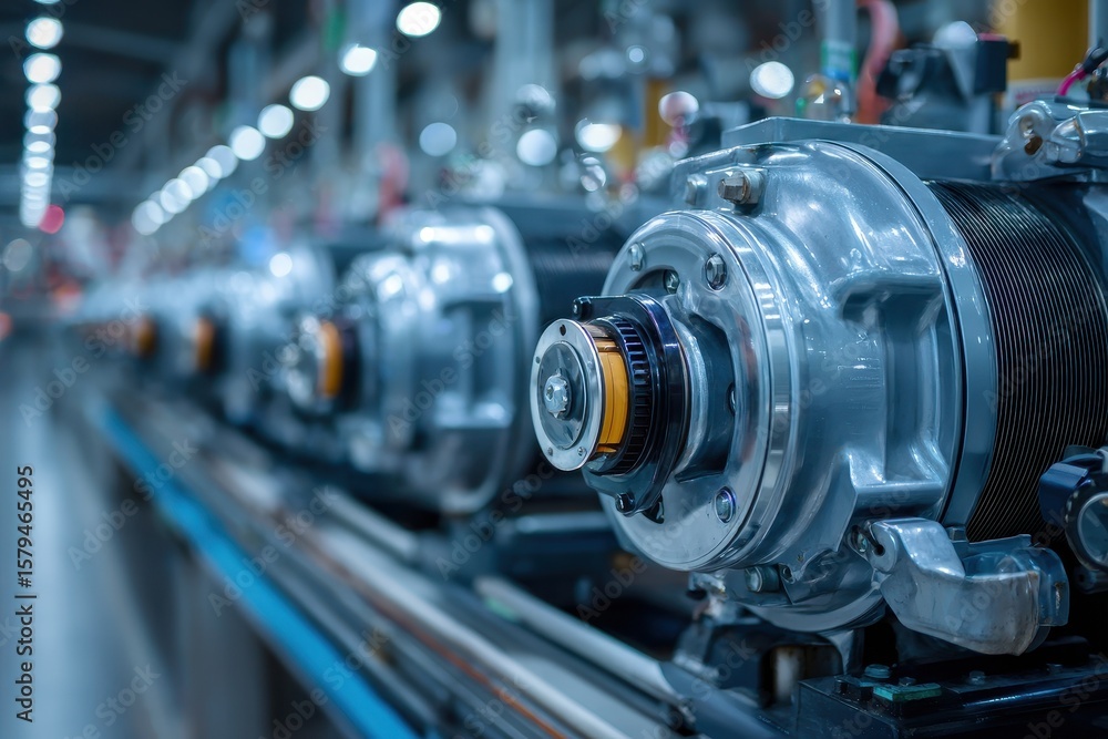 Obraz premium Industrial Power: Motor Machinery in a Factory Setting with No Personnel, Rows of Equipment and Pipes