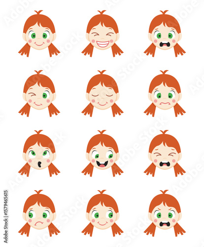 a set of emotions. Expression of a cute girl face. female avatar. flat style. Vector