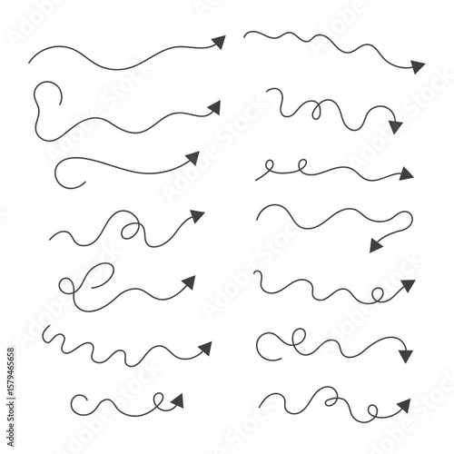 Arrow hand drawn set. The arrows are straight, intermittent, with rotation, circular, twisting, diagram, snake. Flat vector illustration isolated on white background.