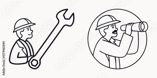 Worker with wrench and spyglass hard hat tools