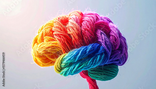 Colorful yarn brain. Conceptual image representing thought processes, creativity, mental health, or learning. Bright, vibrant, and suitable for diverse applications.